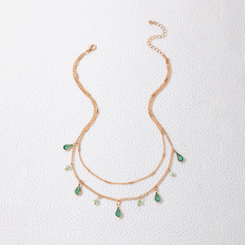 Simple and Stylish Green Diamond-encrusted Water Drop Necklace Alloy Chain Water Diamond Neck Chain