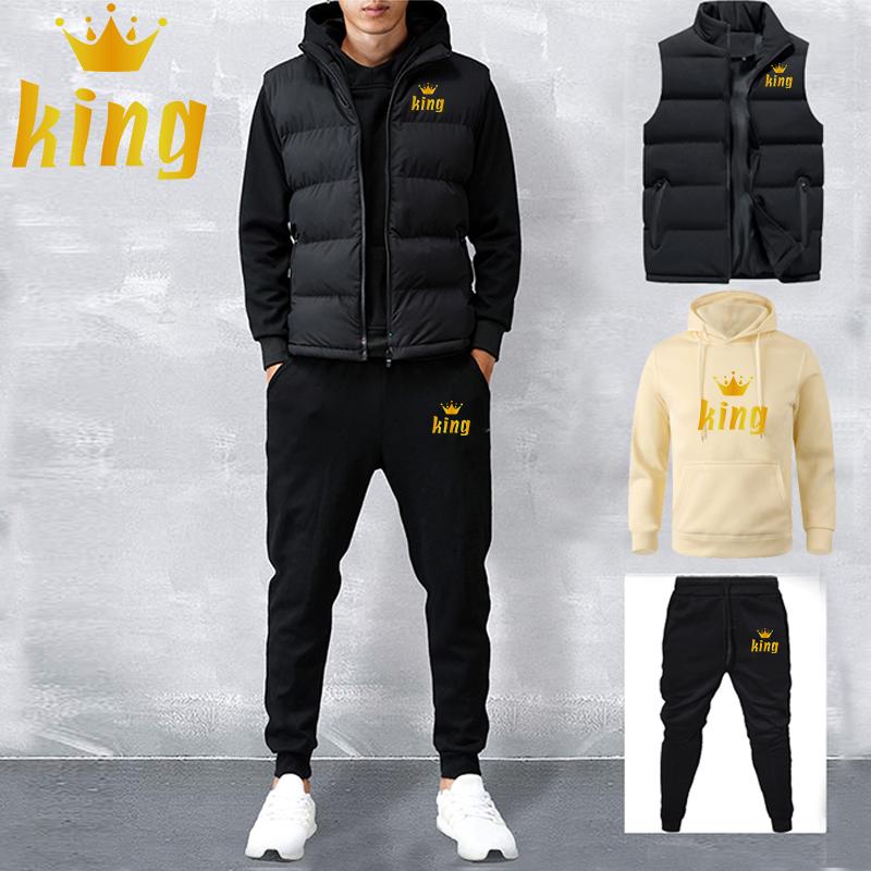 Men Women Spring and Autumn Solid Color Printed Hoodie 3 Piece Set Couple Hoodie + Vest + Pants Sportswear Set
