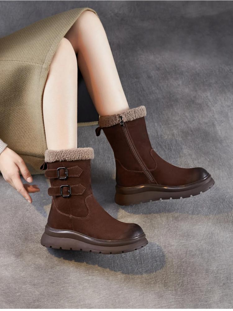 Johnature Anti Slip Thick Soled Snow Boots Belt Buckle Plush Warm Genuine Leather Women's Mid-calf Boots