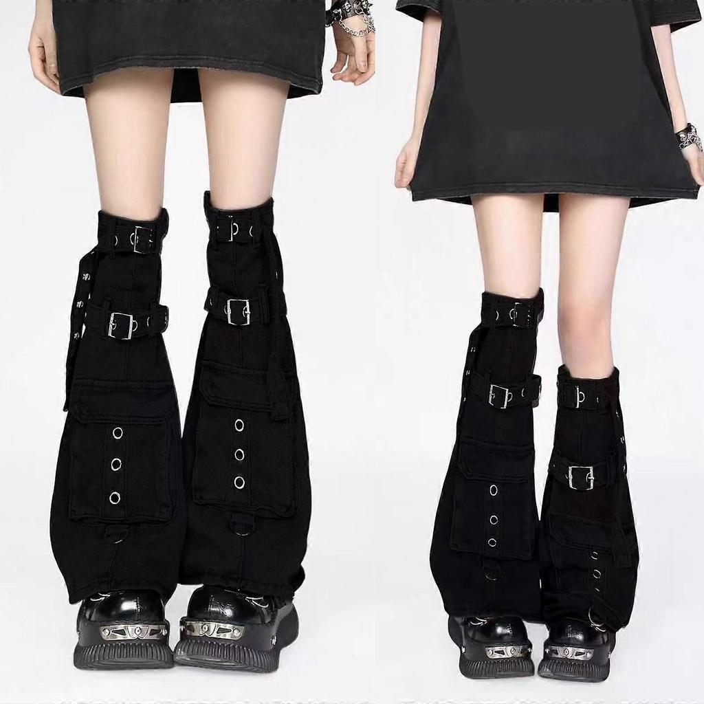 Cargo Džínové Návleky na Nohy s Přezkou pro Ženy Harajuku Punk Návleky na Nohy Kryty na Boty Nad Kolena Rozšířené Punčochy Černé