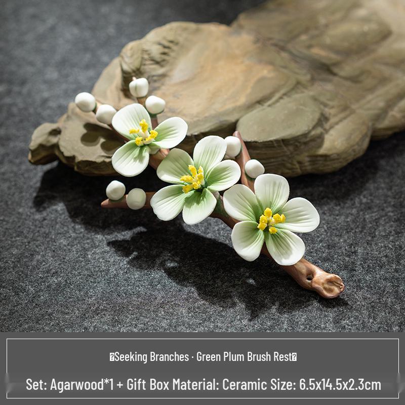 Ceramic Incense Holder & Brush Rest - Magnolia Plum Blossom Design