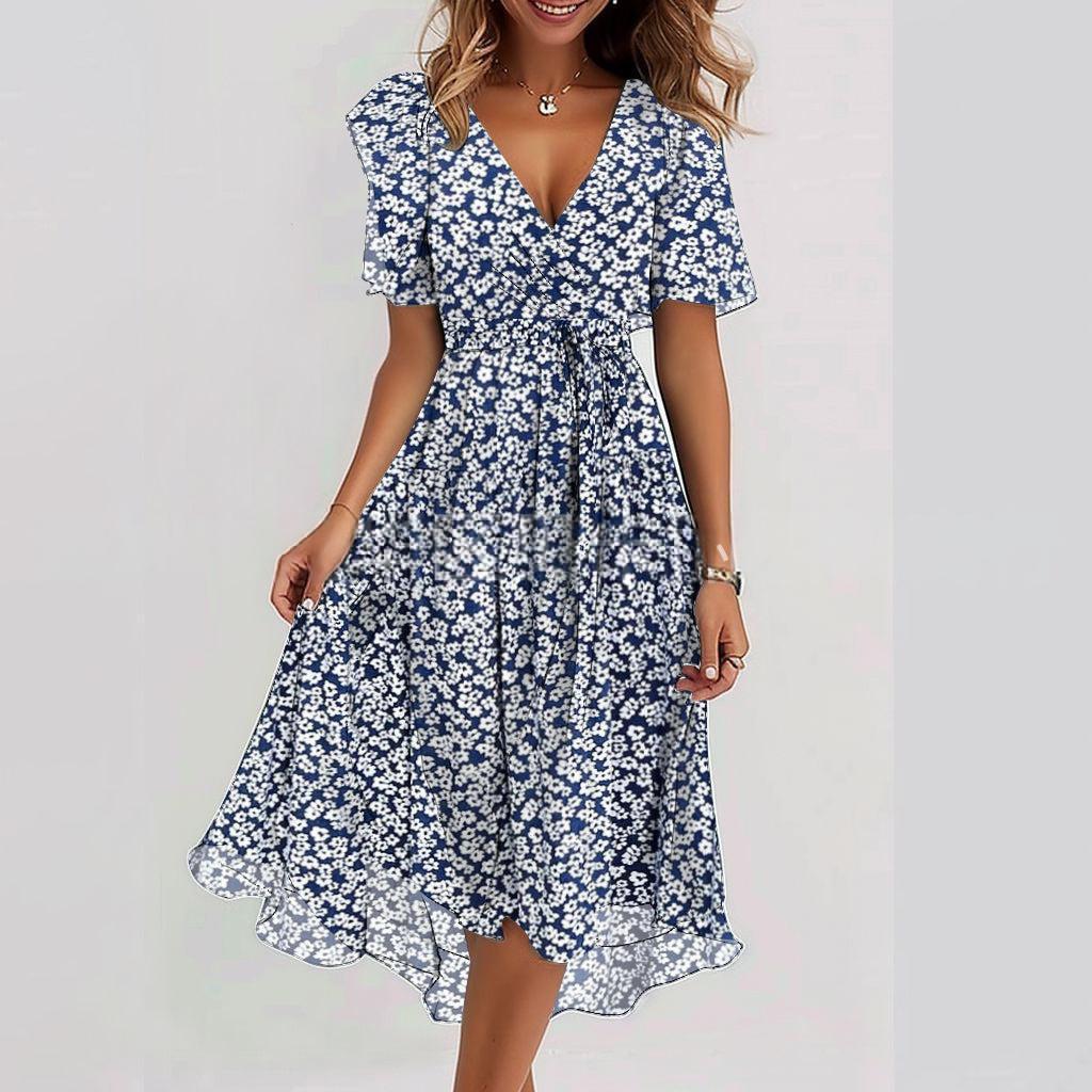 Blue Green Floral Print V-Neck Asymmetrical Hem Summer Dress with Short Sleeves