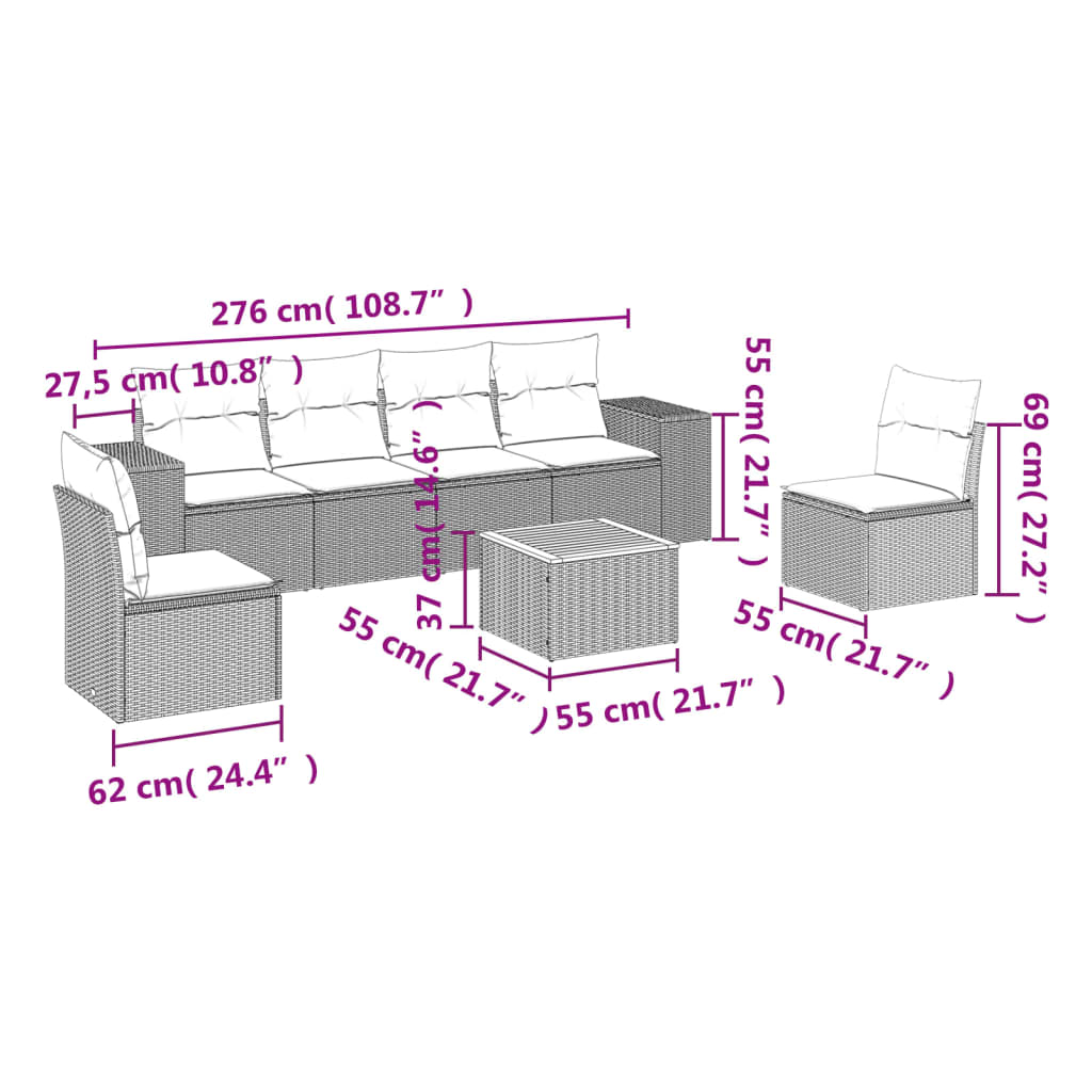7-teiliges Gartensofa-Set mit Kissen aus grauem Poly-Rattan