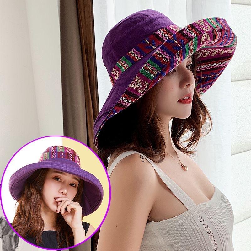 Ethnic style double-sided bucket hat women's big edge Internet celebrity versatile summer hat women's sun protection hat sun hat spring and autumn