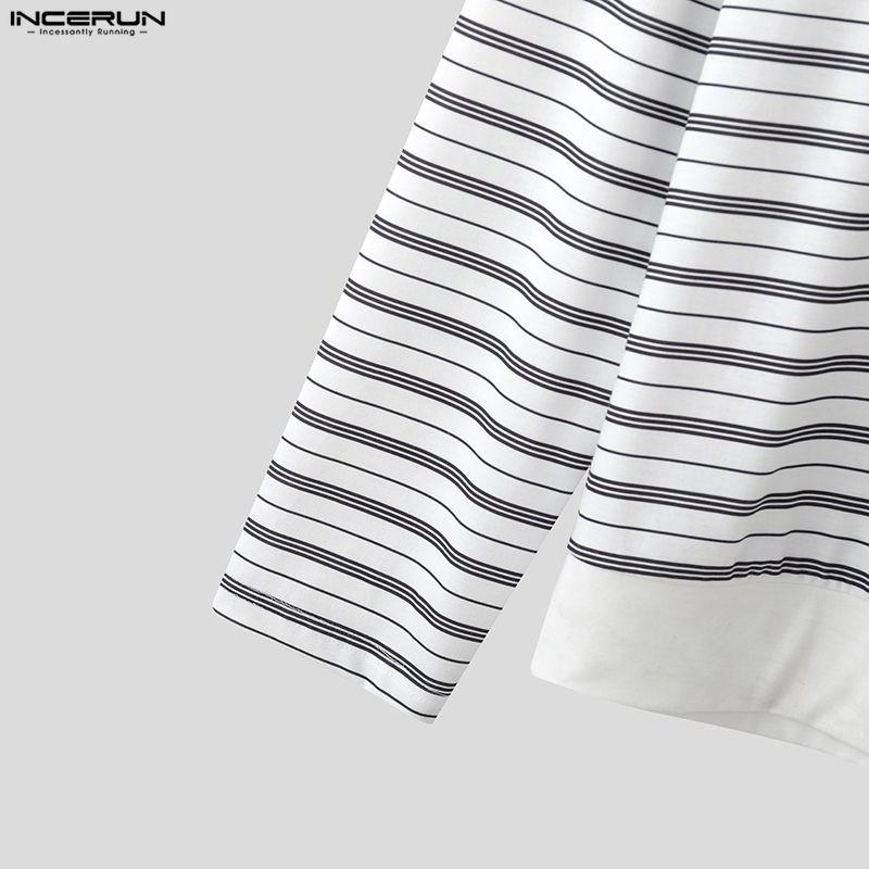 INCERUN Men Lapel Neck Long Sleeve Striped Patchwork Casual T-shirts Tops