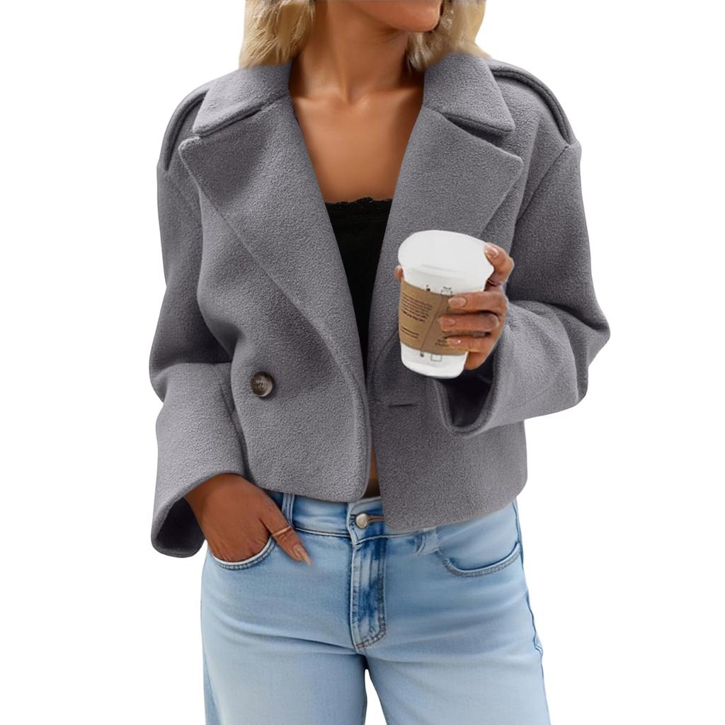 Women's Fashionable, Elegant, -color, Long-sleeved, Short Woolen Coat With A Turned-up Collar