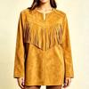 Women's Color Tassel Lapel Collar Long Sleeve Loose Fit Mid-Length Tunic Top