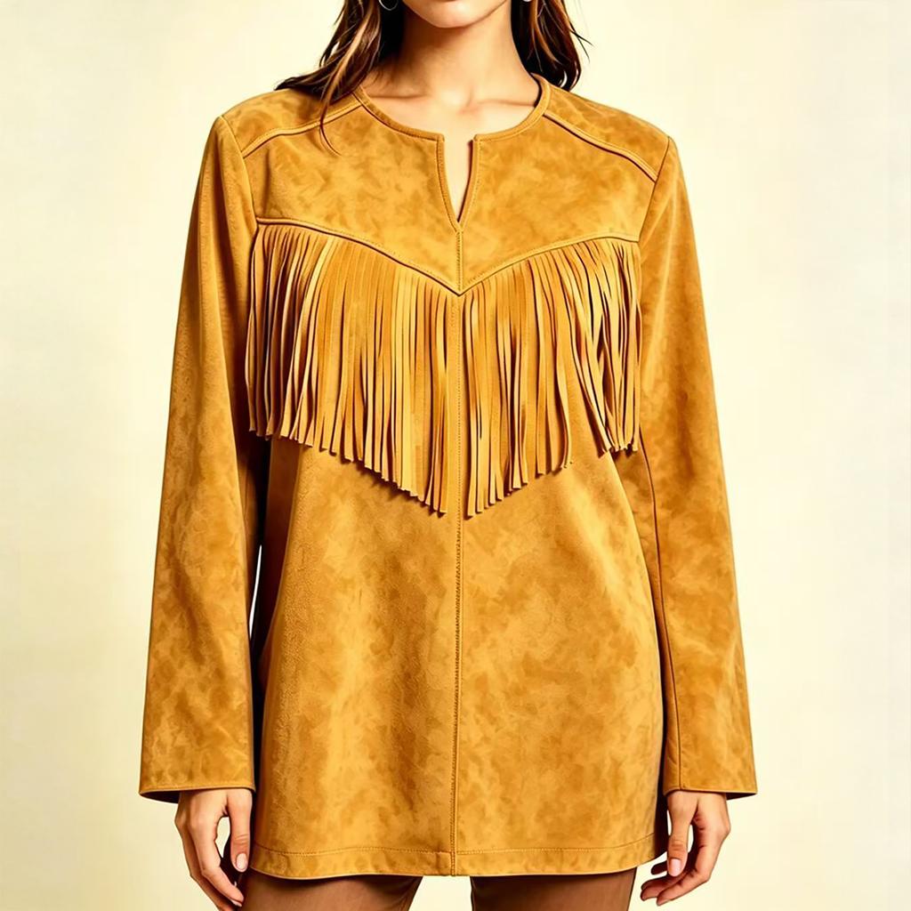 Women's Color Tassel Lapel Collar Long Sleeve Loose Fit Mid-Length Tunic Top