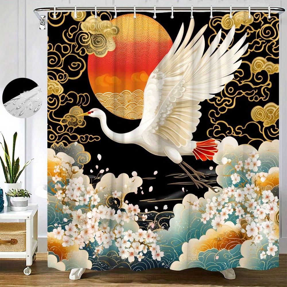 1Pc Japanese Art Inspired Polyester Shower Curtain, Vibrant Sunset Stylized Waves, Washable, 12 Hooks, 70*70 Inches