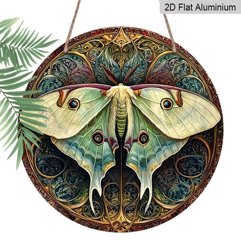 2D Flat, 1pc Round Aluminum Vintage Luna Moth Metal Sign with Intricate Wing Design, Ornate Art Nouveau Wall Plaque, Waterproof Rustproof Decor 7.87×7.87inch
