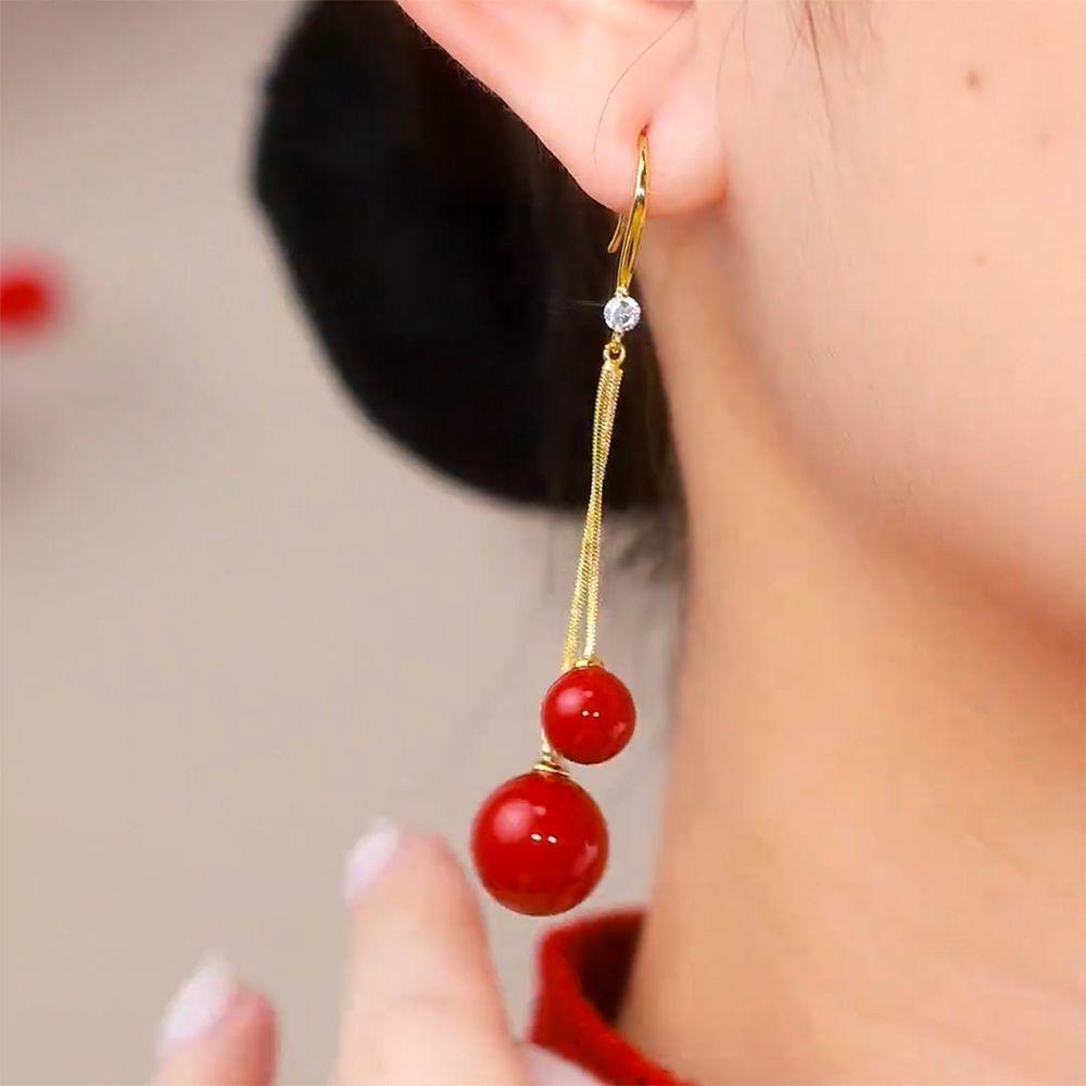 2024 Festive Red Pearl Face-Slimming Long Earrings - Chic, Trendy Niche Design