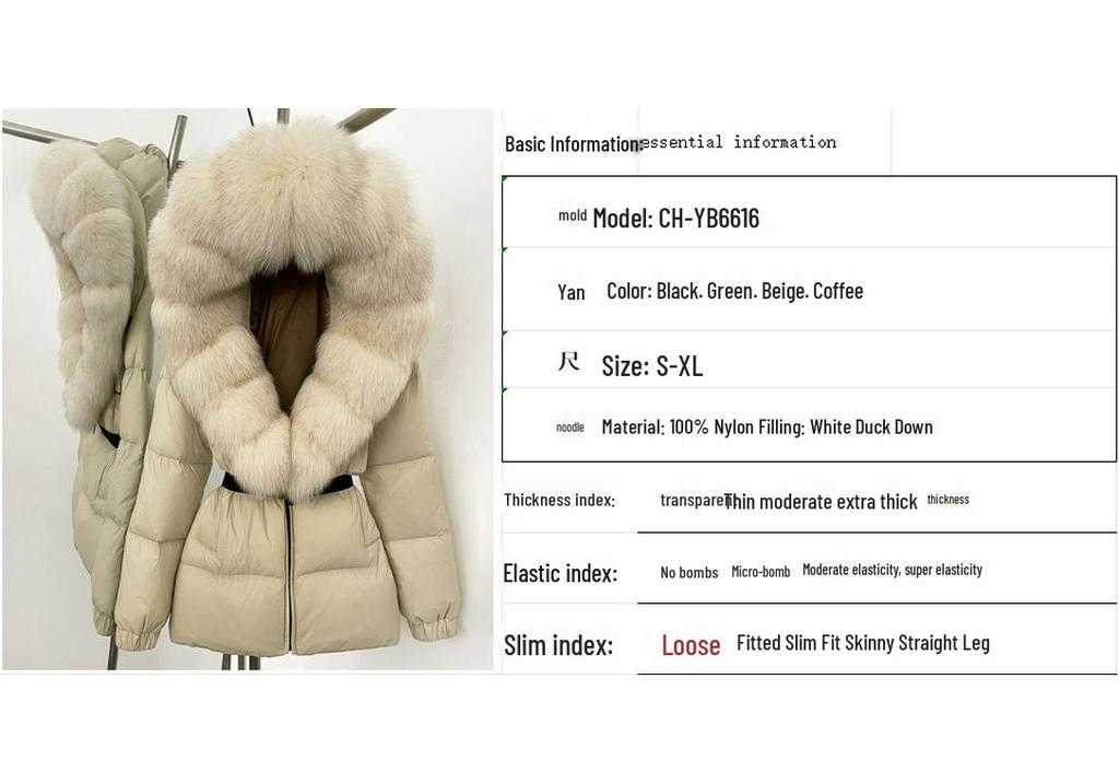 Giacca invernale da donna in piuma d'anatra bianca con cappuccio in vera pelliccia di volpe