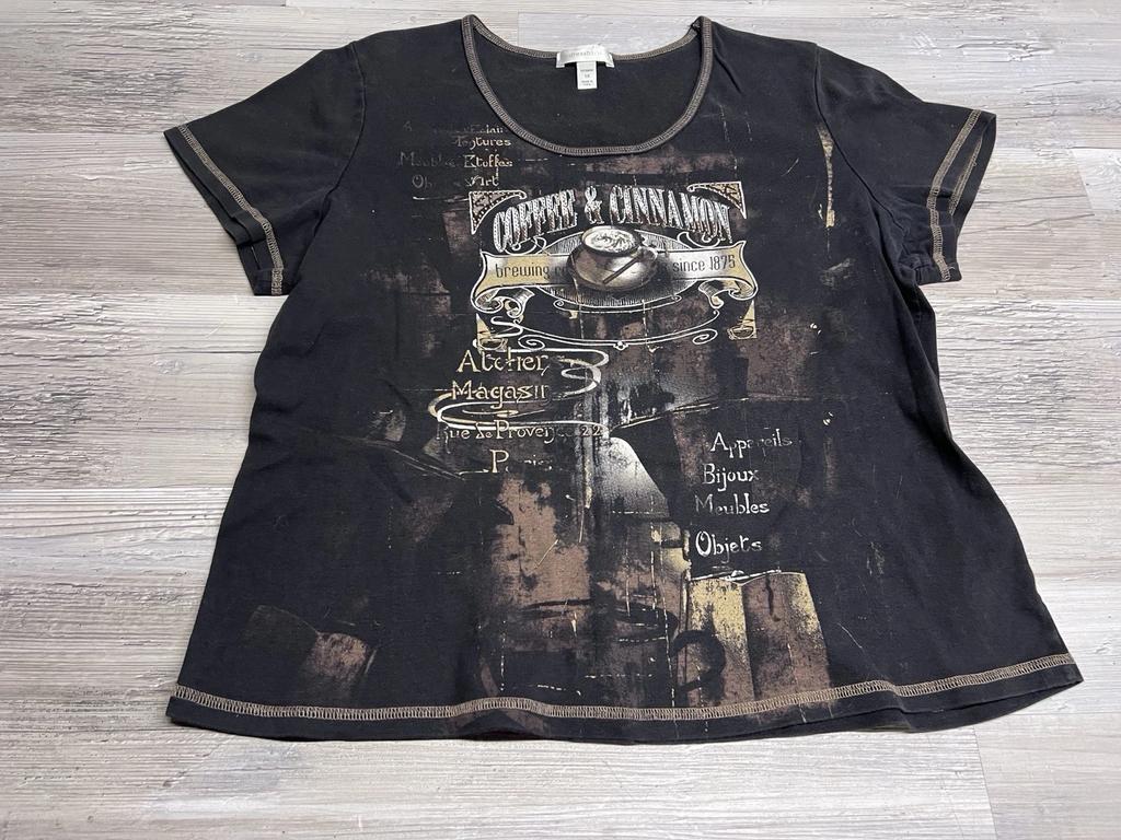 Vintage Y2K Rhinestone Coffee House T-Shirt All Over Print Boho Dress Barn Sz 1X