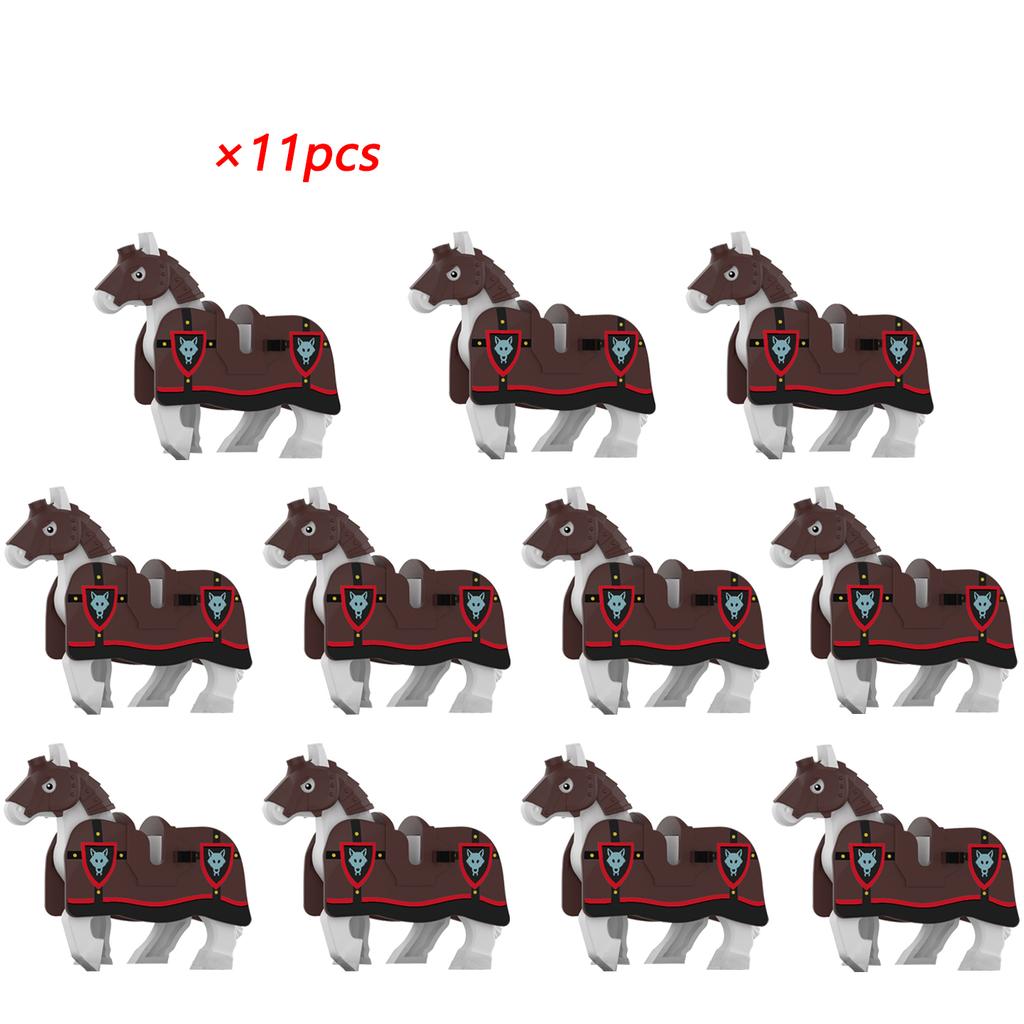 11 Stück Mittelalterliche Pferde Graue Körper Blaue Satteldecken Weiße Pferdeembleme Gelbe Verzierungen Baustein