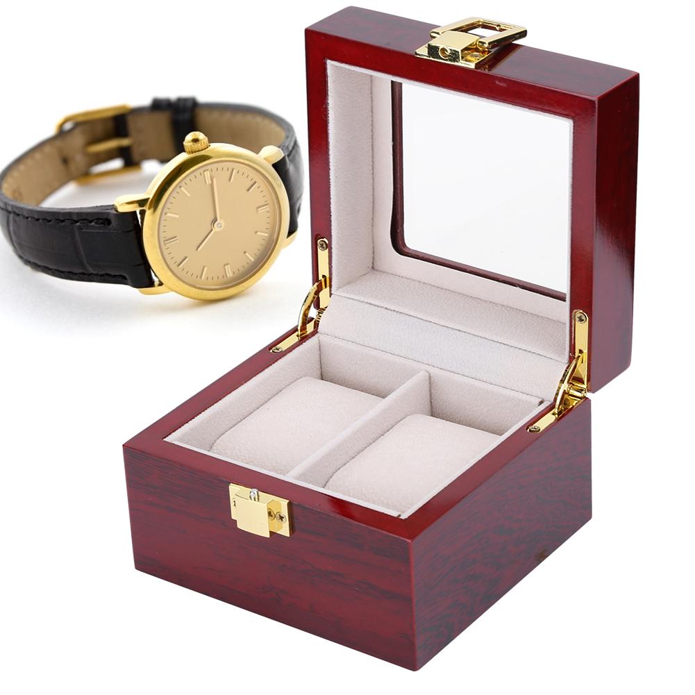 Wooden 2 Grid Watch Display Box Transparent Window Watch Storage Box (Red)
