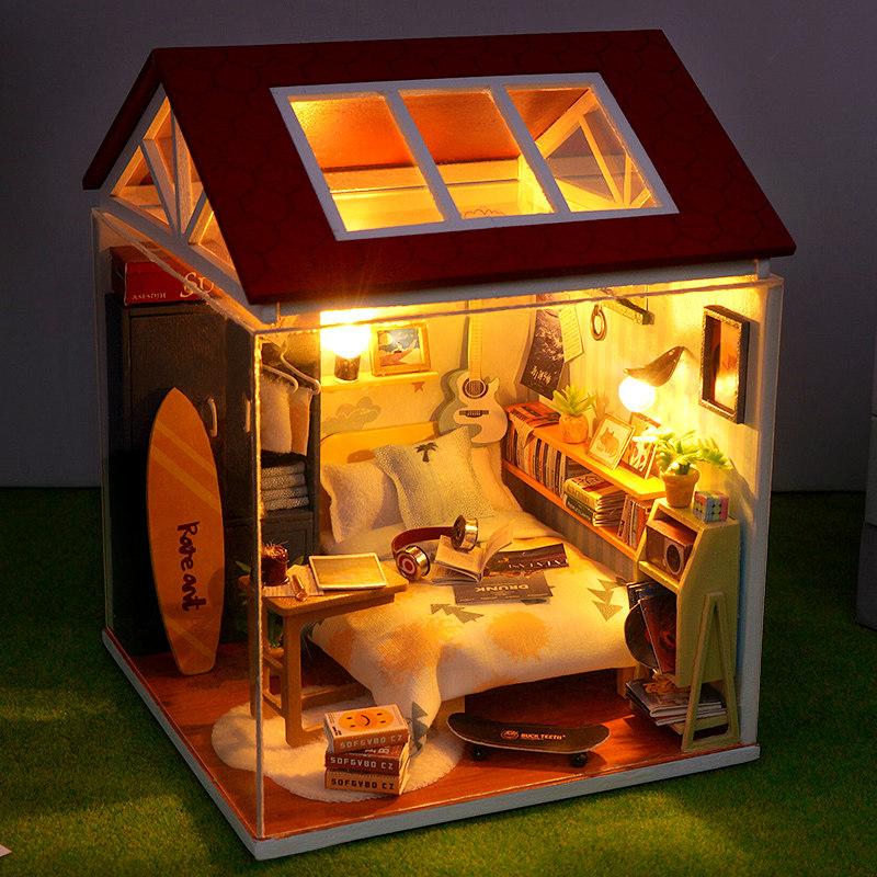 DIY Wooden Miniature Model Kit Convenience Stores Casa 3D Puzzle Doll Houses With Furniture Lights for Friends Birthday Gifts