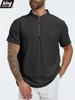 Verano Nueva Camiseta de Algodón Lino para Hombre Manga Corta Transpirable Ligera Color Sólido Moda Masculina Cuello Henley Top con Botones