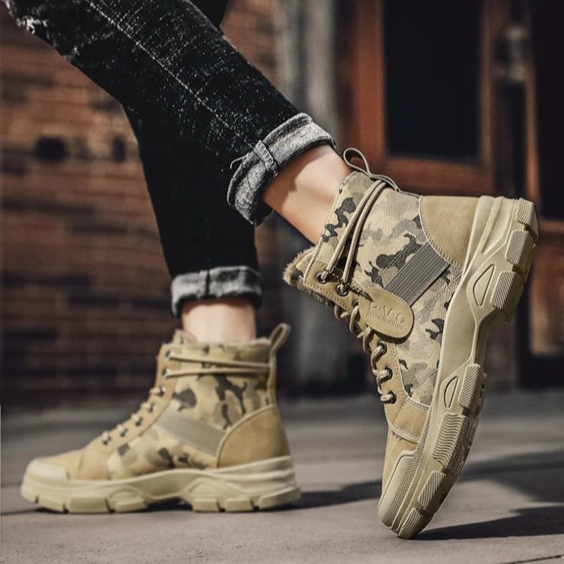 Herren High Top Stiefel Camouflage Trainingsstiefel Schnürung Knöchelhoch Klassische Atmungsaktive Canvas Stiefel für Herren Rutschfeste Wanderschuhe