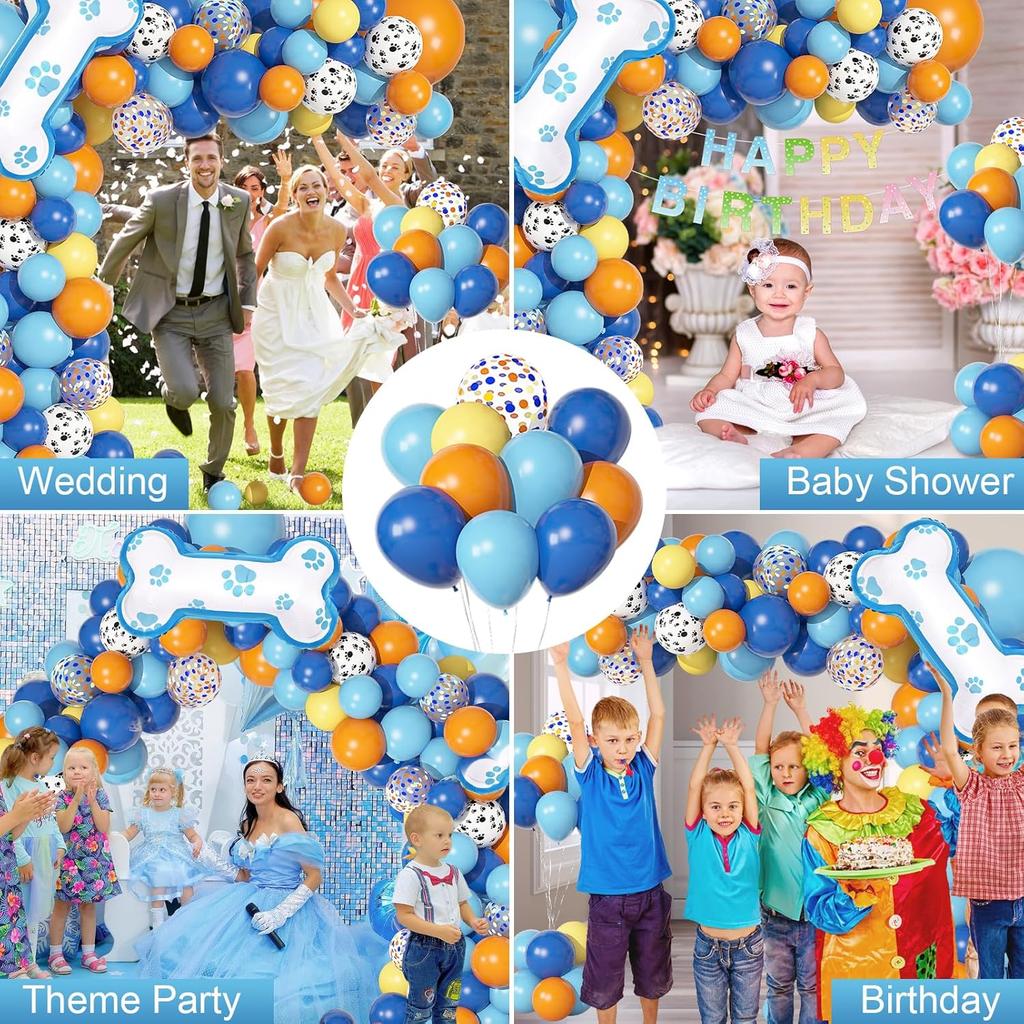 Ouddy Life 128Pcs Blue Balloons Garland Arch Kit, Blue Orange Bone Themed Birthday Party Supplies with Happy Birthday Banner Foil Paw Print Latex