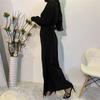 Muslimische Damenmode für Frische Einfarbige Overalls Kleider Abaya Dubai Türkei Islam Schnürung Hoher Bund Kleidung Langarm