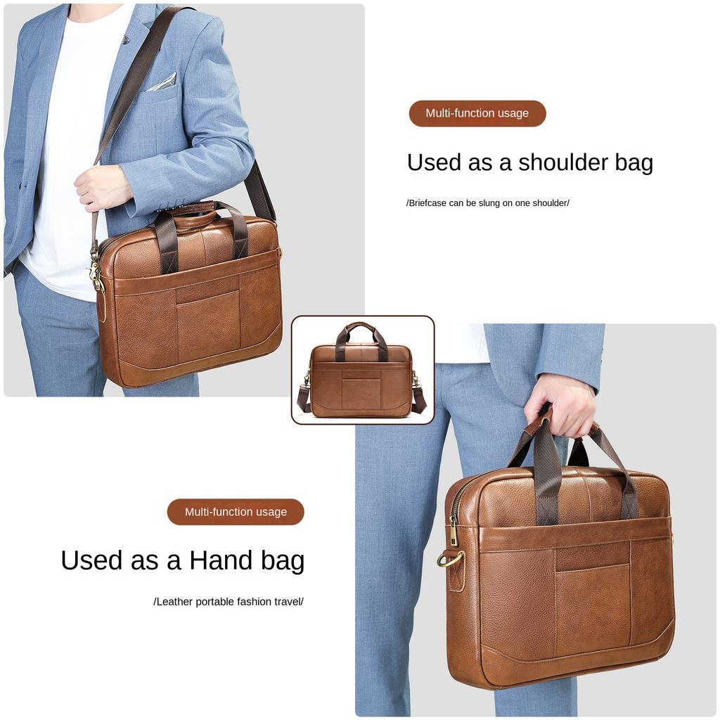 Men's Handbag 100% Genuine Leather Business Briefcase Large Capacity Cowhide Shoulder Crossbody Bag 14 Inch Laptop Bag