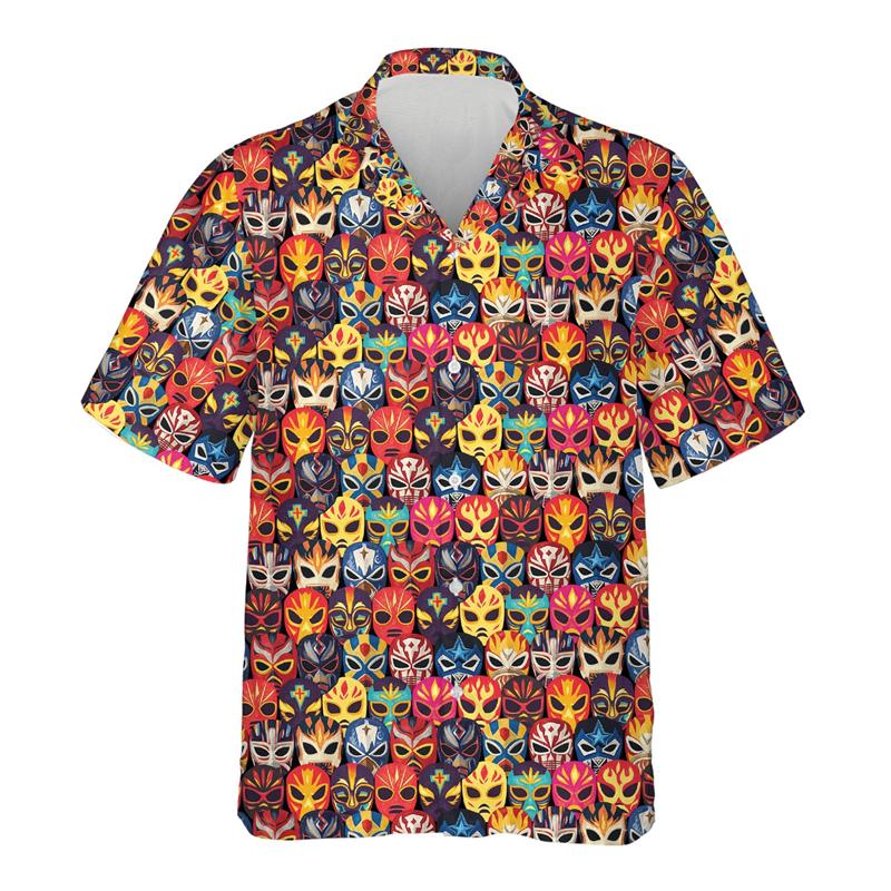 Maglietta da uomo con stampa 3D Maschera da wrestling messicana Lucha Libre Manica corta Collo a revers Top Estiva Street Camicie Hawaiane