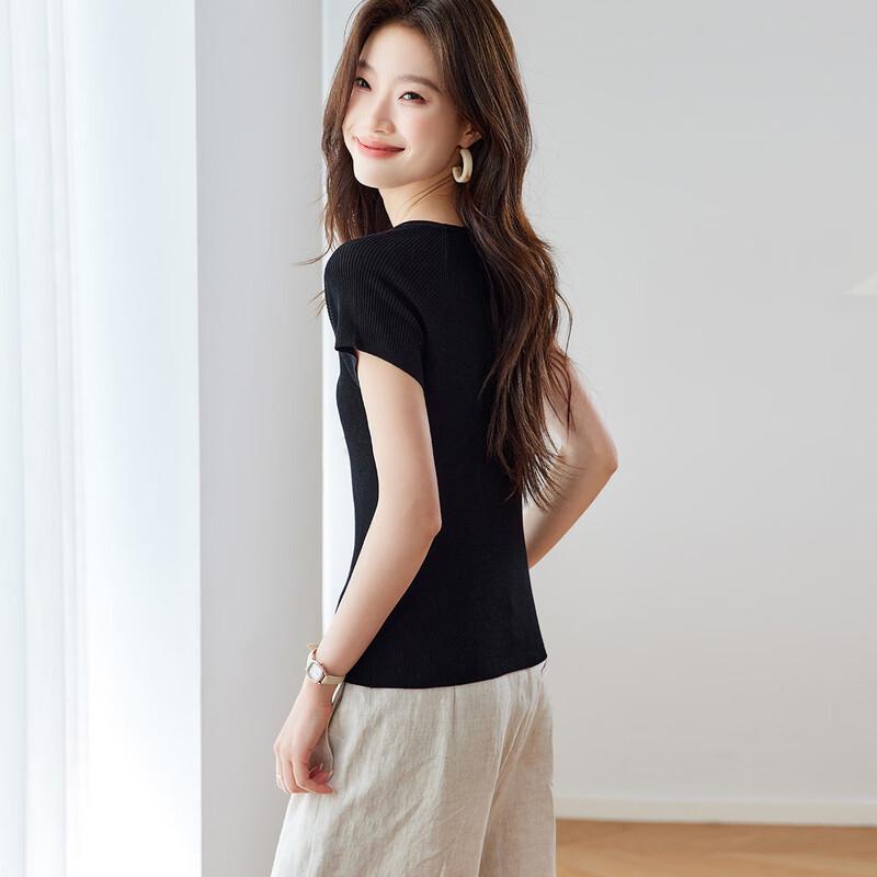 Srcr Women's 100% Mulberry Silk Slim Fit Short Sleeve Knit Top