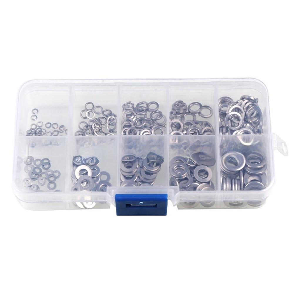 300pcs Stainless Steel Flat Spring Washer Assortment Kit M2-M6 Spring Washer Flat Washer Combination Box Round Washers