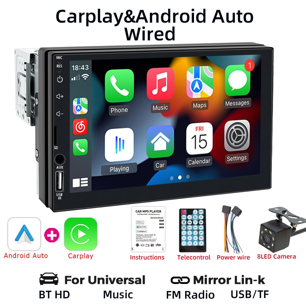 HIPPBQCC 7" Car Radio Carplay Android Auto 1 Din Multimedia Player HD Touch Screen FM AUX Input Bluetooth MirrorLink Universal