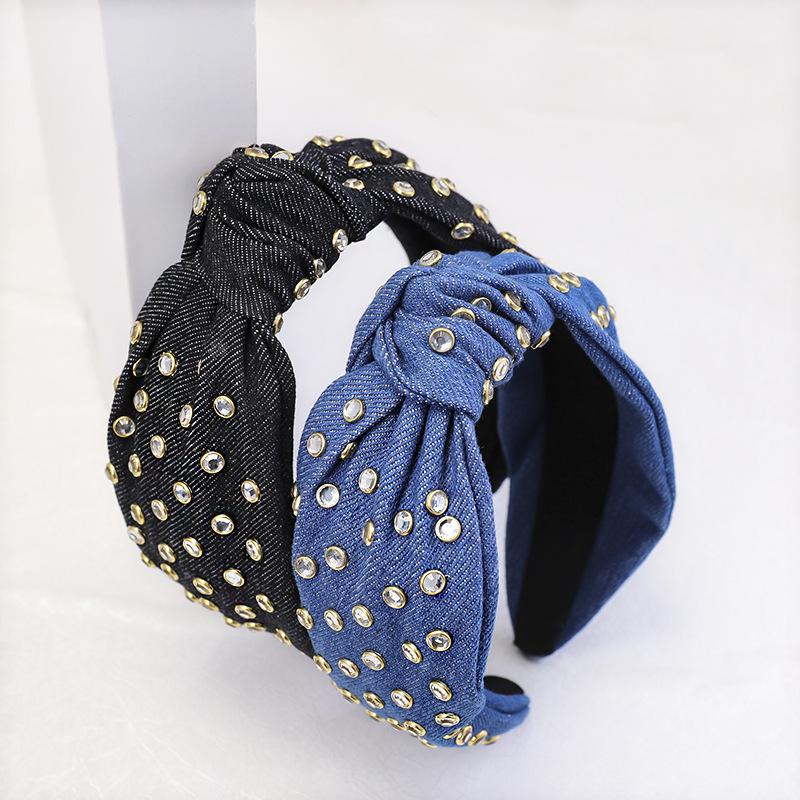 Bohemian Ethnic Denim Center Knot  Hairband With Rhinestone Knotted Headband Hair Accessories