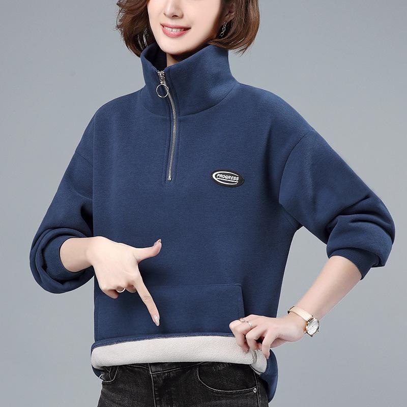 Women's Fleece-Lined Half-Zip Stand Collar Sweatshirt - 2024 Autumn/Winter Korean Style for Middle-Aged Moms