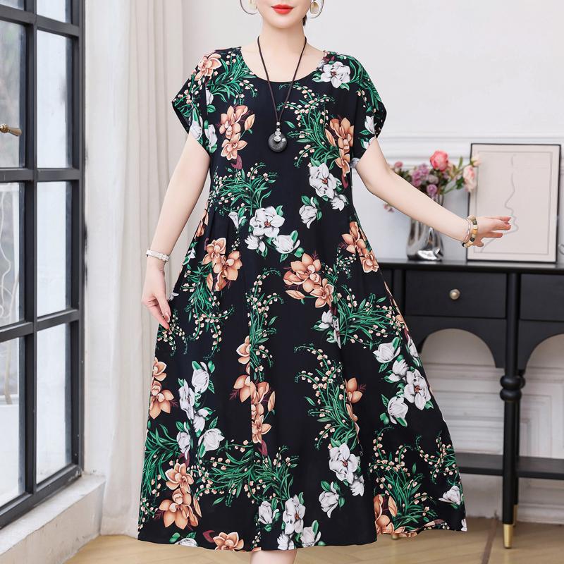 Plus Size Elegant Women Dresses Summer Vintage Clothes Short Sleeve Casual Long Dress