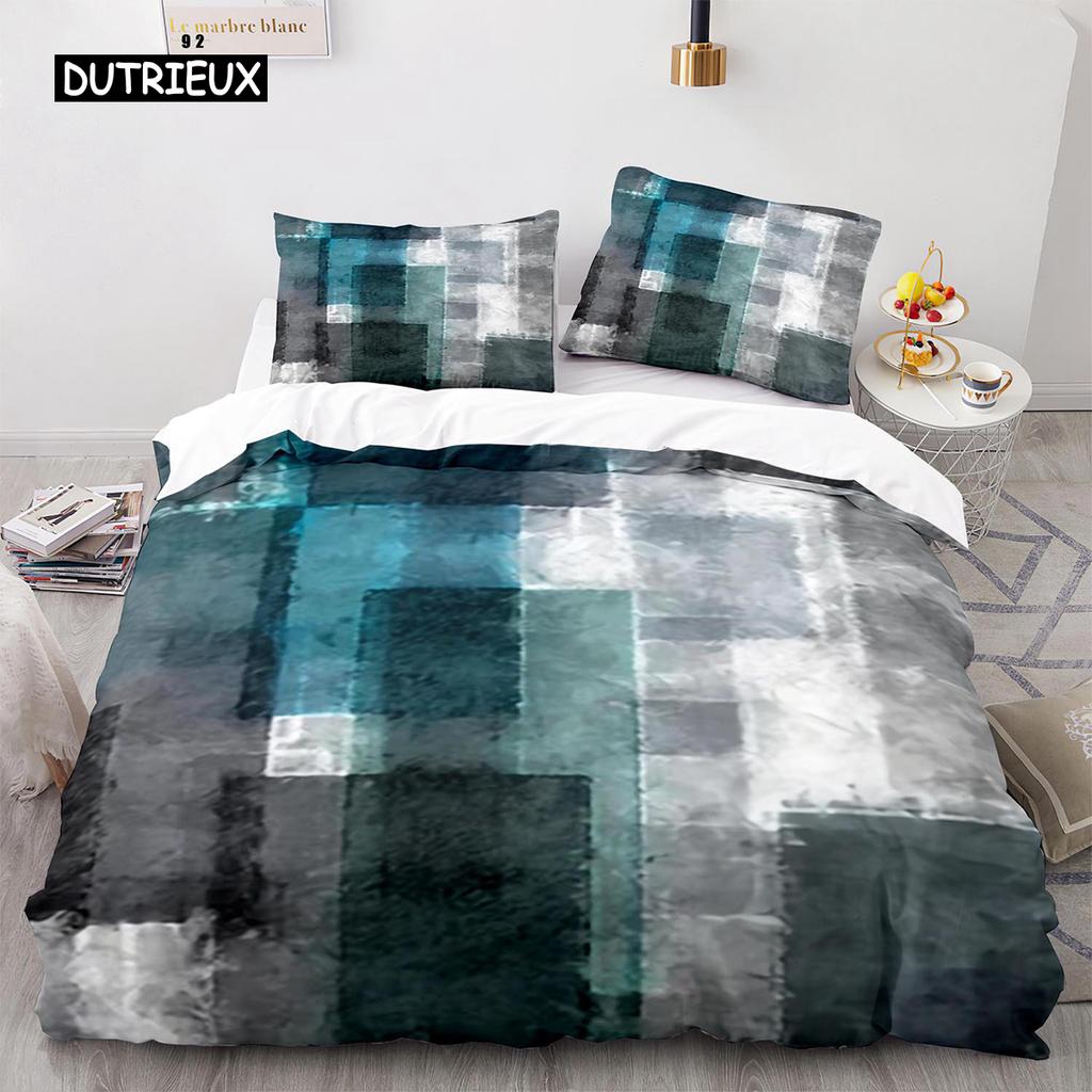 Streifen Bettbezug Set Polyester Grün Blau Schwarz Gestreift Kariert Patchwork Druck Steppdecke König Größe Weich Einzelbettwäsche Set für Teenager