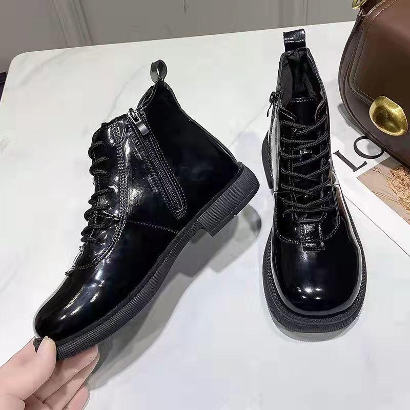 Fashion Black Short Shoes for Women Female Ankle Boots Lace-up with Laces Leather Round Toe Footwear Booties Comfortable and Elegant Y2k