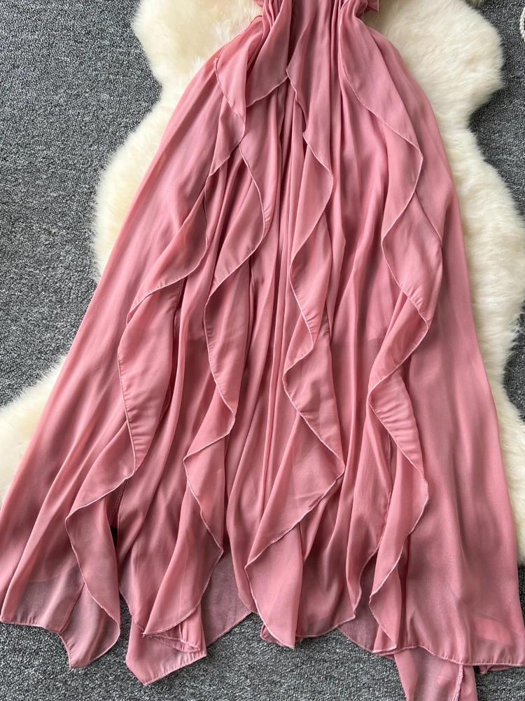 Summer Solid Sweet Vacation Long Dress Women Halter Lace Up Zipper Design Dress Female Sexy Backless Ruffles Beach Ball Gown New