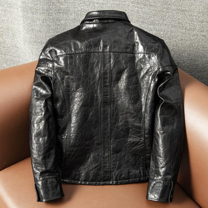 Vintage Japanese Style Full Vegetable Tanned Goatskin Leather Jacket Heavy Washed for Men