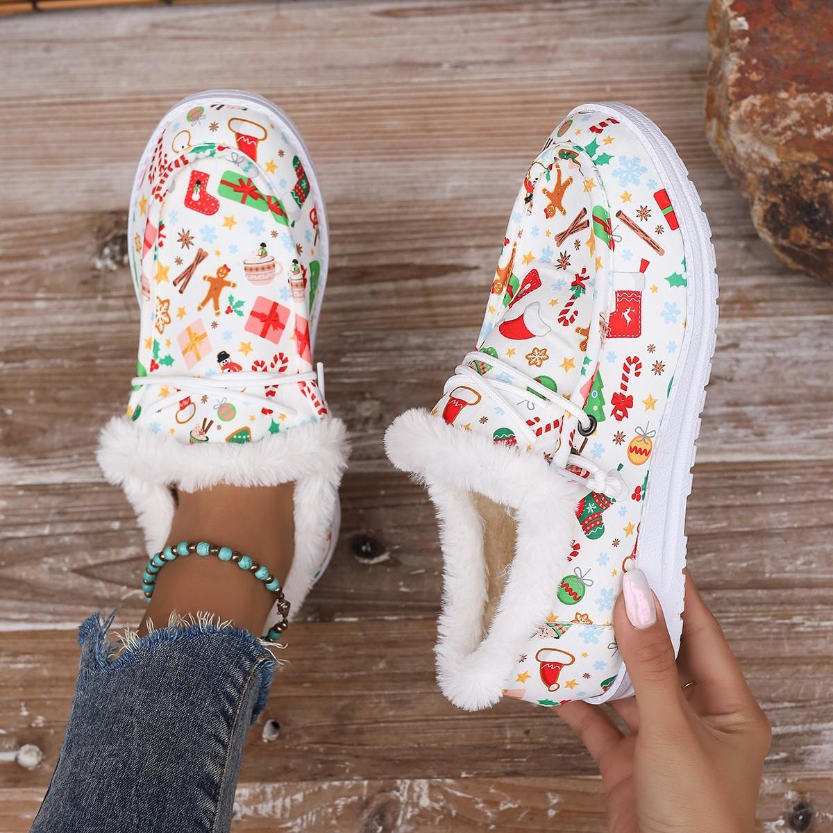 

2025 осень и зима новые рождественские плюшевые повседневные туфли большого размера женские туфли из хлопка с плоской подошвой 36 белый