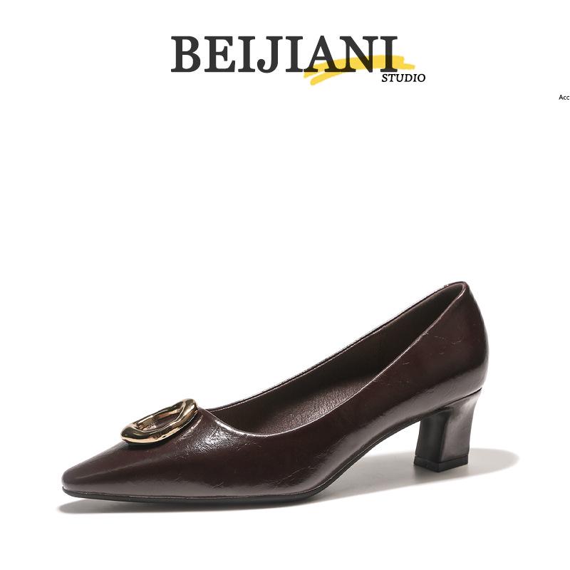 

BEIJIANI Женские туфли на высоком каблуке с круглыми пряжками, из мягкой кожи, на толстом каблуке - Средние Весна/Осень 37 вино красного