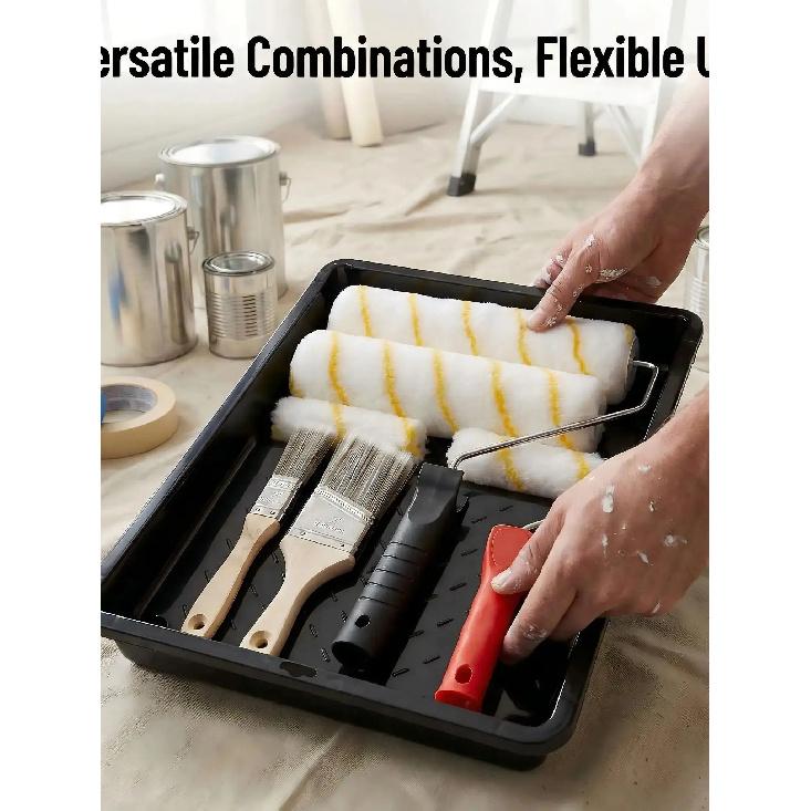 Paint Roller Kit 9 Piece, Paint Rollers, Brushes & Paint Tray, House Painting Supplies, High Absorbency, Washable, Reusable