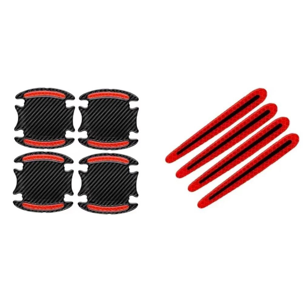 8Pcs/Set Reflective Car Handle Protector Carbon Fiber Door Handle Protective Film  Driving Safety красный