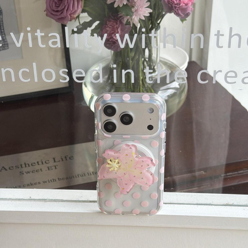 Pink Polka Dot Magnetic Bracket Phone Case for Apple 17 Pro Max - Drop-Proof, Fits 16 & 15 Models, For Women