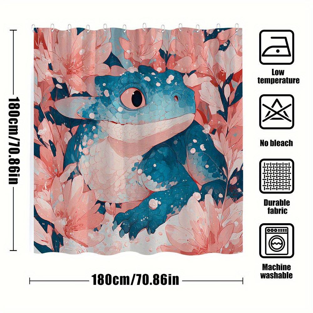 1pc Fantasy Lizard Bath Curtain - Blue Creature with Pink Eyes, Textured Scales & Blooming Pink Flowers Watercolor Design