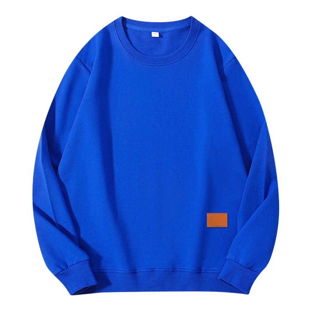 Unisex Solid Color Cowhide Label Round Neck Pullover Ribbed Long-sleeved Sweatshirt