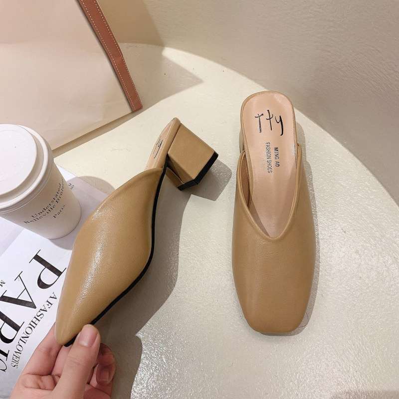

Square head high heel sandals grandma shoes thick heel bag head half slippers women s medium heel retro lazy outside wearing muller shoes 40 хаки