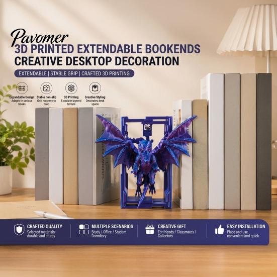 Creative Monster Bookends Flying Dragon Bookend, 3D Printed PLA Fantasy Decorative Book Stand, Gothic Style Display Shelf Stabilizers Heavy
