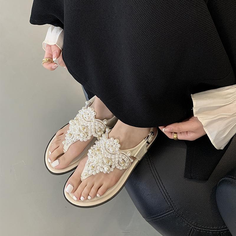 Fashion Beige Heeled Sandals Clear Shoes Slip-on Loafers Summer Women's Flip Flops Platform Soft Black Pearl Outside Elastic Band Girls