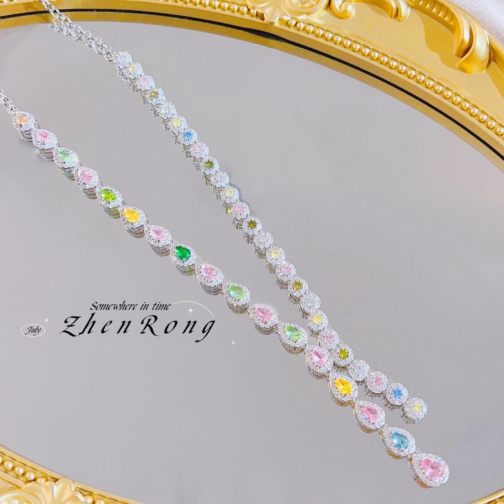 Luxuriöse Abendkleid-Accessoires Bunte Zirkon-Halskette Edles Luxus-Turmalin-Anhänger-Set Kette Buntes Süßigkeiten-Schatz-Mädchen