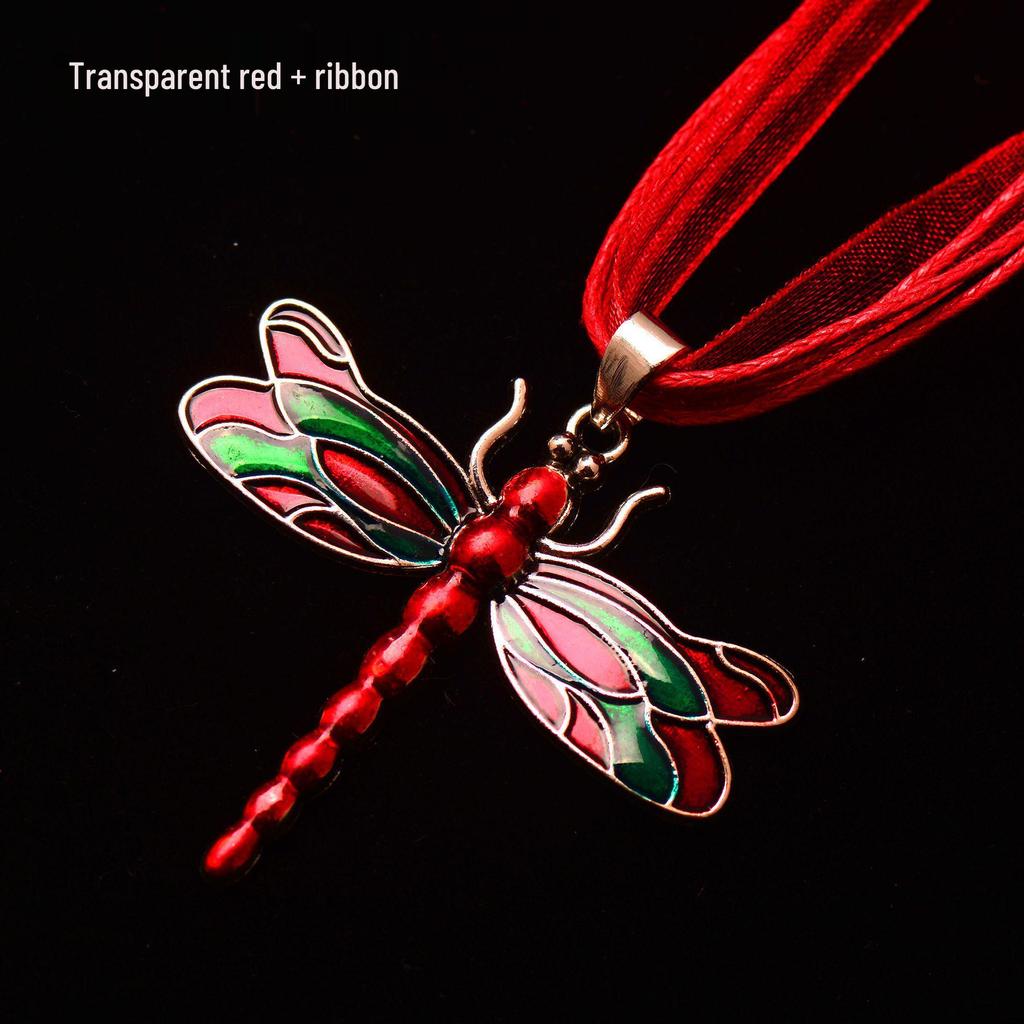 Silver Dragonfly Necklace with Luminous Butterfly - Retro Forest-Inspired
