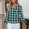 Women's Casual Fashion Ruffled V-Neck Pocket Plaid Print Long Sleeve Top