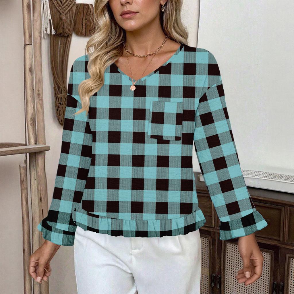 Women's Casual Fashion Ruffled V-Neck Pocket Plaid Print Long Sleeve Top